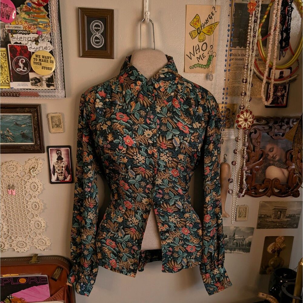 Vintage Floral Button Down Shirt Women's XL Green